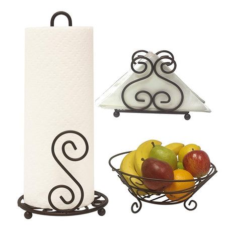 Deluxe Scroll Collection 3pc Kitchen Table Décor Set, Napkin Holder, Paper Towel Stand, Fruit Bowl - Bronze