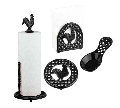 Deluxe Cast Iron Rooster Collection 4pc Kitchen Table Décor Set, Napkin Holder, Paper Towel Stand, Spoon Rest, Trivet - Black