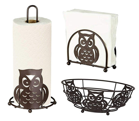 Deluxe Owl Collection 3pc Kitchen Table Décor Set, Napkin Holder, Paper Towel Stand, Fruit Bowl - Bronze