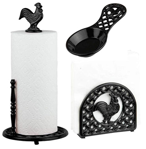 Deluxe Cast Iron Rooster Collection 3pc Kitchen Table Décor Set, Napkin Holder, Paper Towel Stand, Spoon Rest - Black