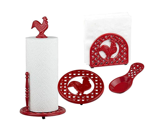 Deluxe Cast Iron Rooster Collection 4pc Kitchen Table Décor Set, Napkin Holder, Paper Towel Stand, Spoon Rest, Trivet - Red