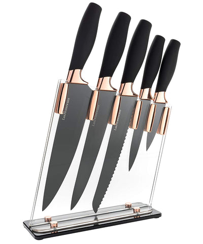 6 Piece Knife Set | 5 Beautiful Rose Gold Knives with Knife Block | Sharp Kitchen Knife Sets | Multiple Size, All Purpose Kitchen Knives | 8” Chef, Bread, & Carving Knife | Utility & Paring Knife