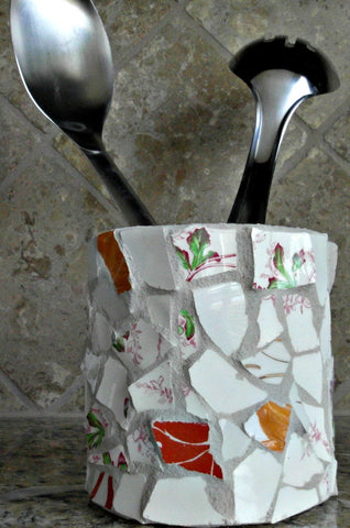 recycled upcycled decorative mosaic tin can desk accessory; kitchen utensil holder; bathroom accessory holder