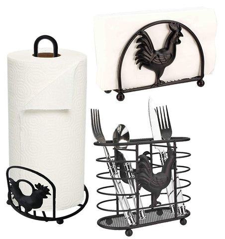 Deluxe Rooster Collection 3pc Kitchen Table Décor Set, Cutlery Holder, Napkin Holder, Paper Towel Stand - Black