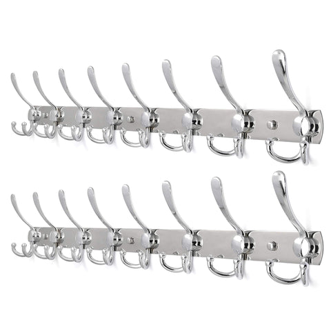 2pacs, WEBI 30-Inch Entryway Robe Hat Clothes Towel Rack Rail/Coat Rack with 8 Flared Tri Hooks, Wall Mounted, Aluminum/Chrome Finish