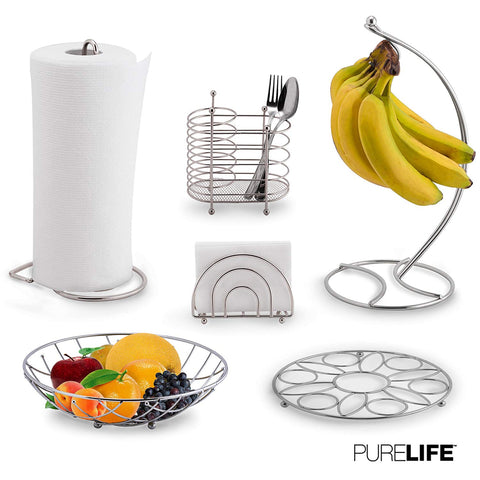 purelife Kitchen Set 6pc | Fruit Basket Banana, Utensil, Napkin Holder Trivet & Paper Towel Dispenser-Double Coated Chrome Finish Collection, for Countertop Table Decor, Heat Resistant Tool
