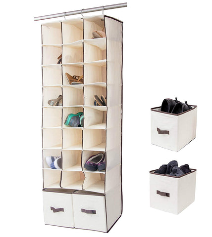 24 Slot Hanging Shoe Organizer In Closet Over Rod Shoe Caddy With Foldable Drawers Storage Bag, Space Saving Shoe Rack Holder