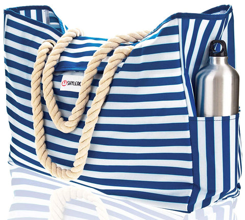 Beach Bag XL. 100% Waterproof. L17"xH15"xW6" w Cotton Rope Handles, Top Magnet Clasp, Two Outside Pockets. Blue Stripes Shoulder Beach Tote Includes Phone Case, Built-In Key Holder and Bottle Opener