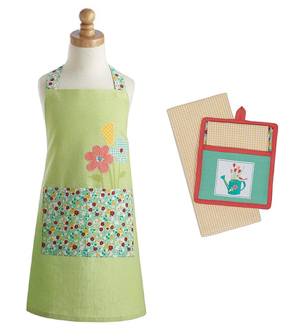 Chef Set for Kids - Green Embroidered Daisy Apron Floral Pocket with Potholder Kitchen Towel - Green Daisy