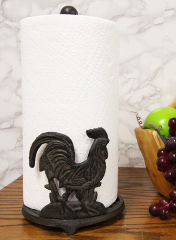 Ebros 13.5"Tall Cast Iron Metal Rustic Vintage Proud Farm Rooster Chicken With Scroll Art Design Paper Towel Holder Display Dispenser Stand Counter Top Kitchen Bathroom Home Decor Aged Bronze Finish