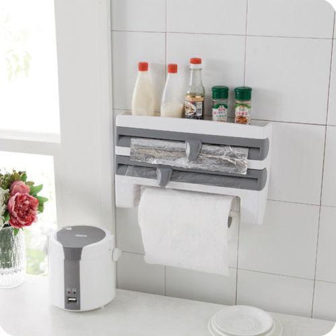 4 in 1 Kitchen Roll Dispenser - Wall-Mount Paper Towel Holder - Plastic Wrap and Foil Dispenser with Spice Rack