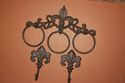 3) Vintage-look Fleur Dis Bath Towel Ring Towel Hook Set of 3 pieces Solid Cast Iron