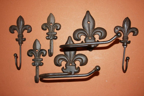 6) Antique Look Fleur De Lis Toilet Paper Holders Towel Hooks Bath Set of 6 pieces, F-4,23,24