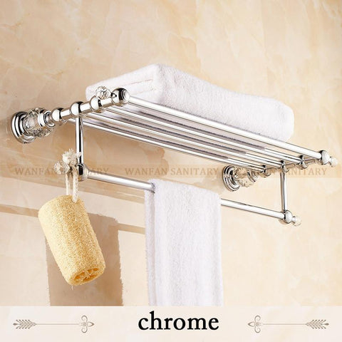 BrassCrystal Titanium Gold Plating Towel RackTowel Shelf W/ BarTowel Holder Bathroom Accessories Hk20