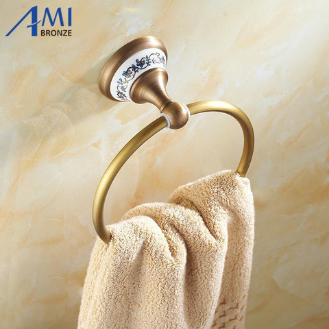 Ap1 Series Antique Brass Towel Ring Porcelain Base Wall Mounted Bathroom Accessories Towel Shelf Towel Holder