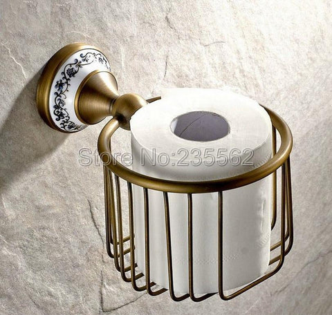 Antique Brushed Brass Porcelain Base Bathroom Accessories Toilet Roll Paper Towel Holders Basket Wall Mounted Lba404
