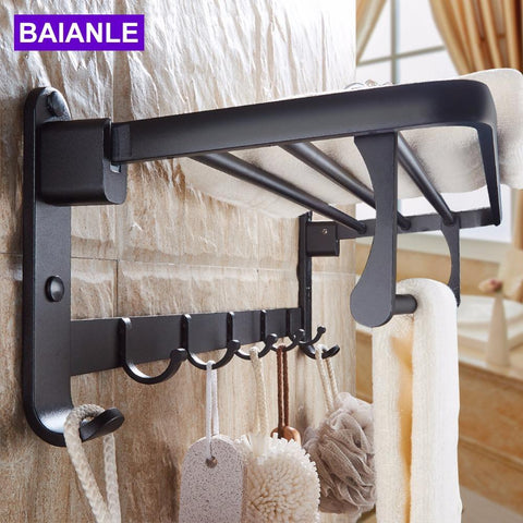 Black Space Aluminum Wall Mounted Foldable Bathroom Towel Rack Holders Shower Towel Rack Shelf Bar W/ Hooks